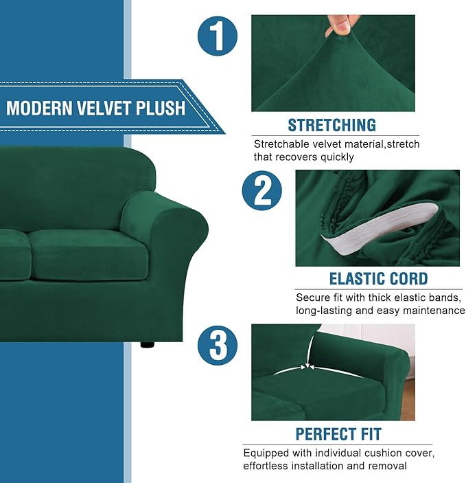 H.VERSAILTEX Modern Velvet Plush 4 Piece High Stretch Sofa Slipcover Furniture