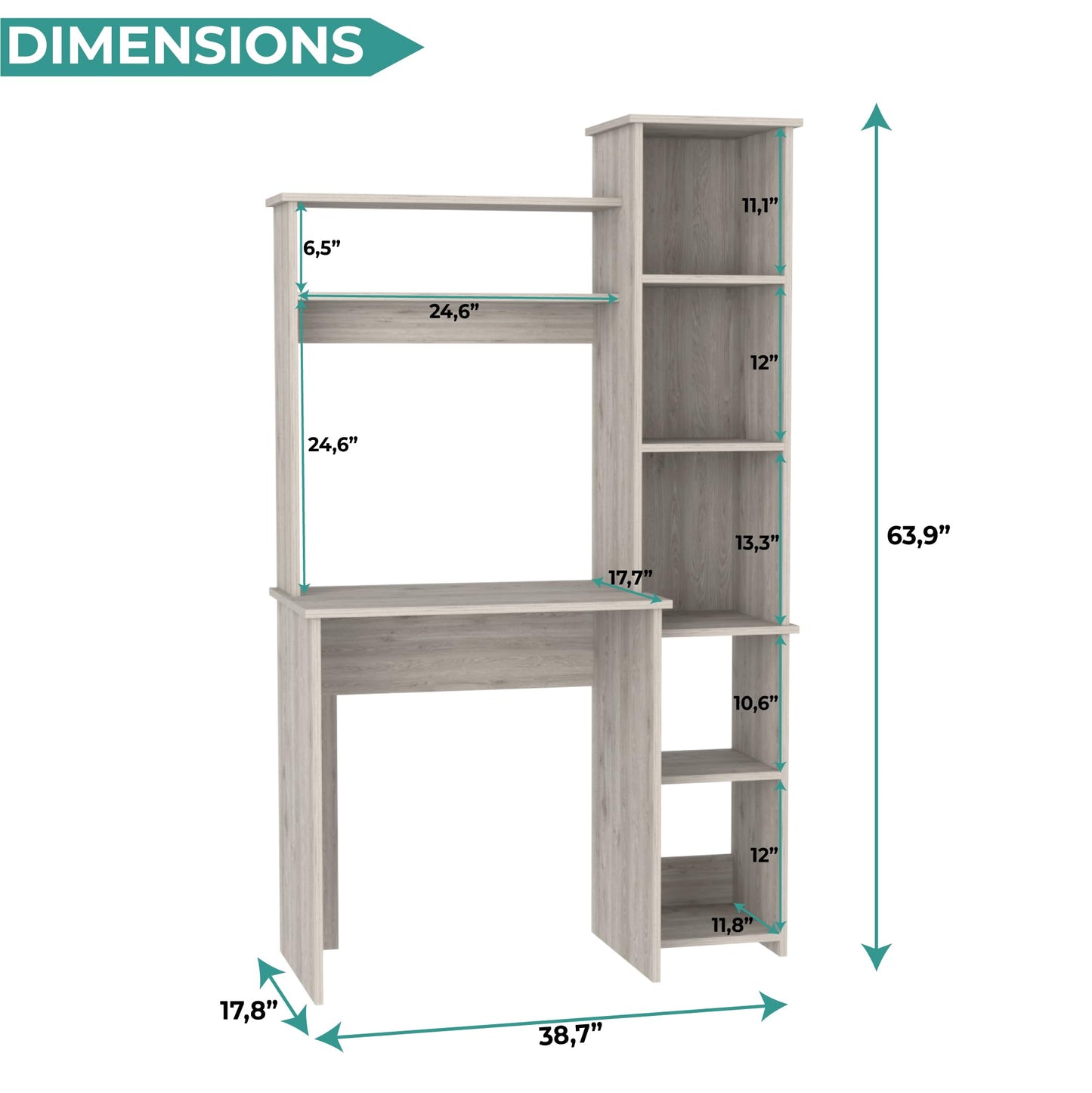 Tuhome Versalles Writing Desk with Two Superior Shelves, Five Side Open Storage Compartments, Space-Saving Modern Workstation Design for Studios and Offices, Ideal for Organization
