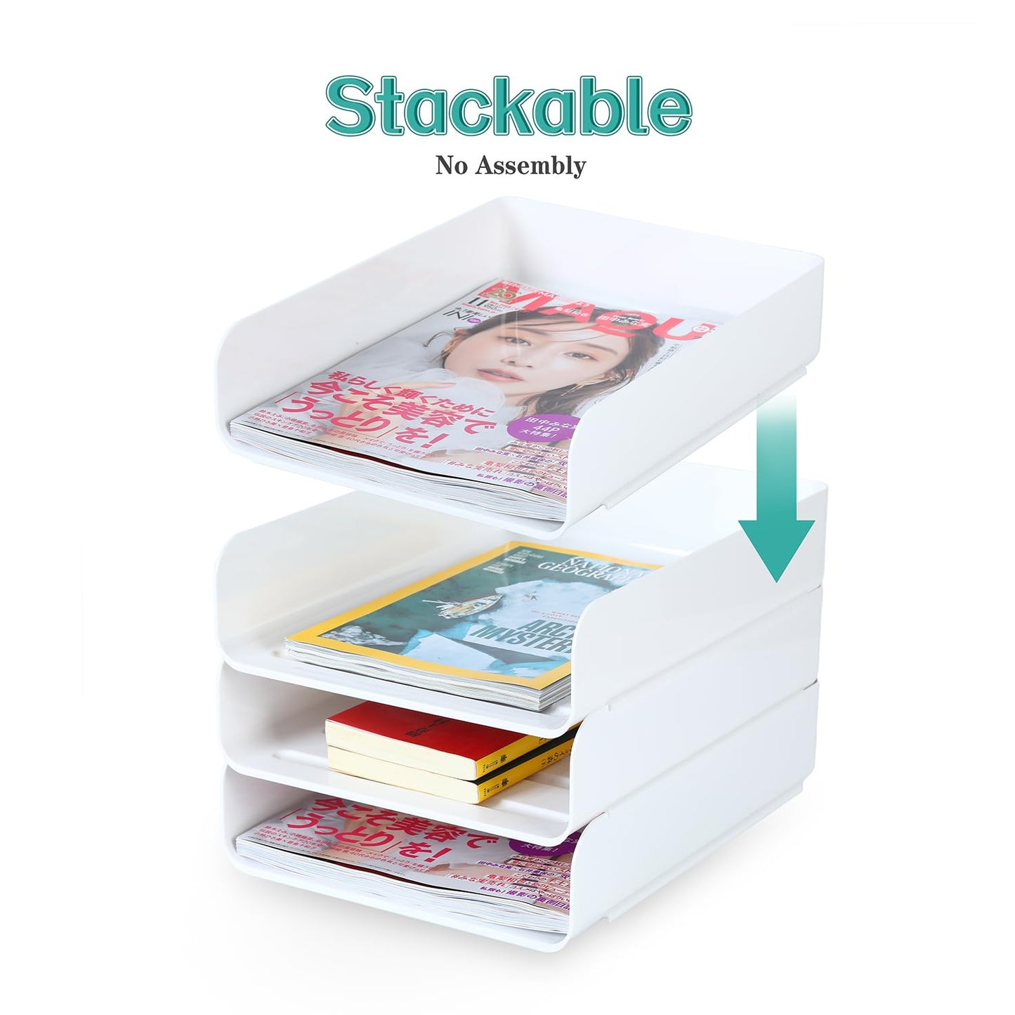 (4pcs Pack) HKeeper Stackable Paper Trays,Letter Tray Organizer,Office Desktop Organizer,A4 Paper Holder,Supplies Magazine,File Documents,Receipts（White,Regular）