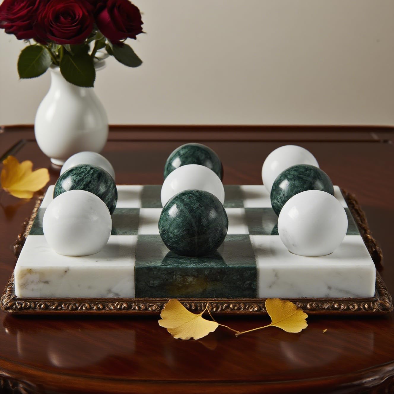 Green Marble Tic Tac Toe Board, Fresh Elegant Checkerboard, 7x7 Inch Premium Handcrafted Marble Tic Tac Toe Board, Modern Room Decor for Living Room, Office, Coffee Table