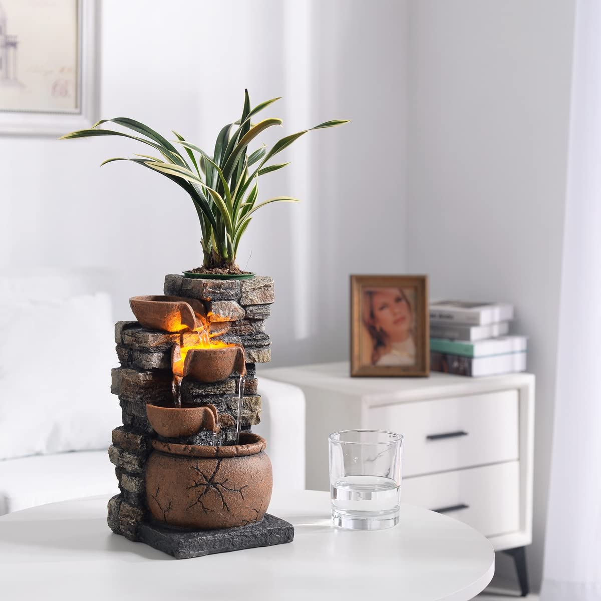 Indoor Fountain 4-Bowl Rockery Soothing Sound Tabletop Fountains Home/Office Decor with a Small Plastic Pot to Grow The Plant by Yourself(Automatic Watering)(23001)