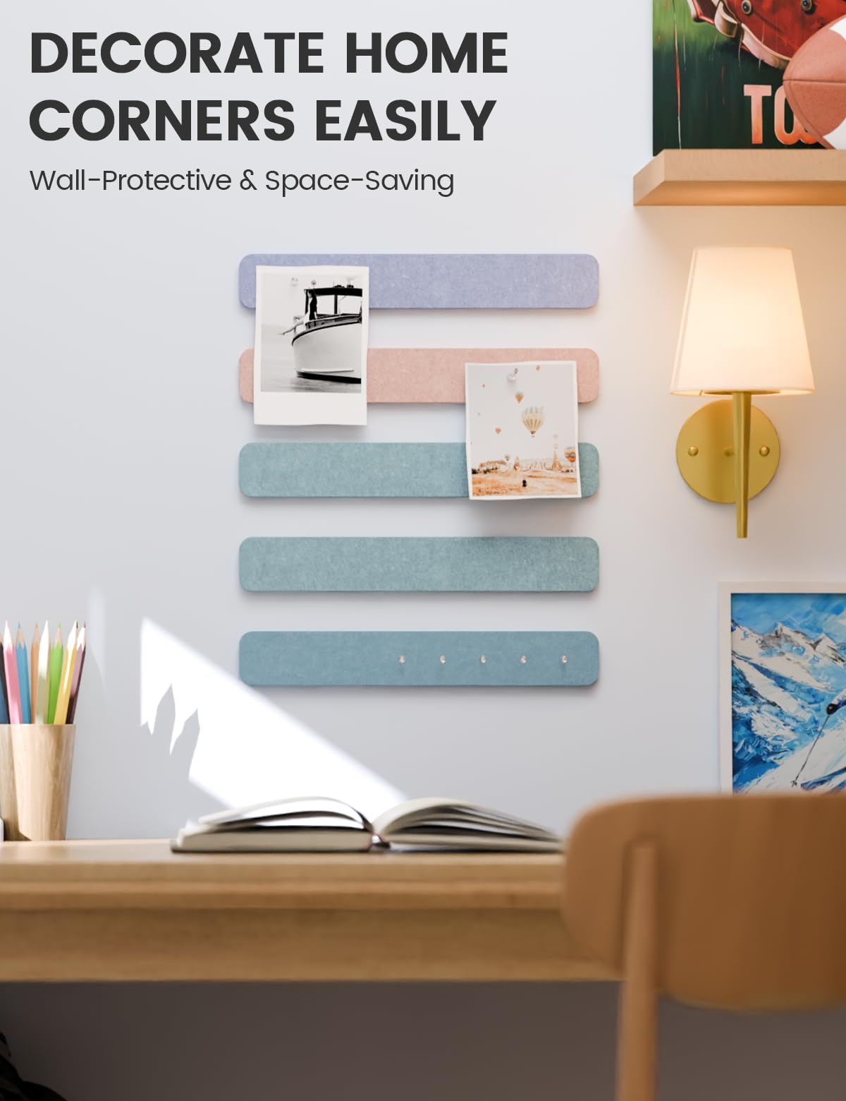 Cork Board Alternative Felt Strip Board 8-Pack 13"x2", Office Pin Board with 50 Push Pins, Adhesive Install for Bedroom Door & Home Office(Coastal Haze)
