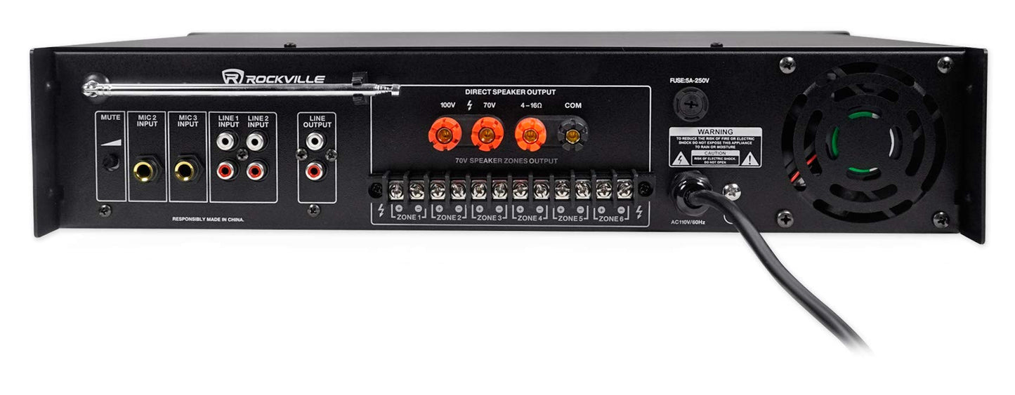 Rockville RCS180-6 180W 6-Zone 70v Commercial Amplifier, Bluetooth, USB/SD/RCA, Mic, Optical Inputs, FM, for Restaurants/Offices