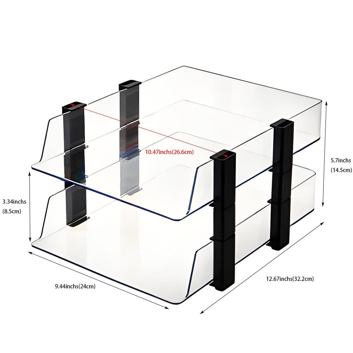 RHONZHAO Clear 2-Tier Stackable Paper Tray Organizer for Letter/A4 Files, Desktop Document Sorter, Transparent Office Desk Storage (2 - Tier Clear)