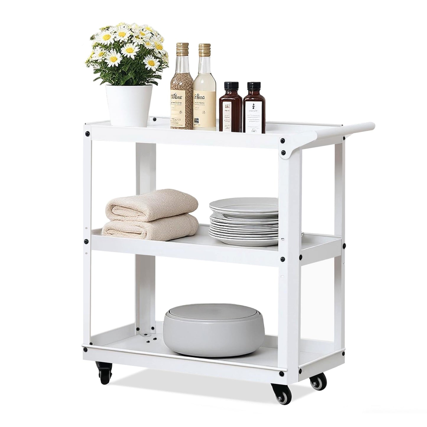 XCX 3 Tier Metal Utility Rolling Cart with Wheels, Heavy Duty Storage Organizer Trolley Cart for Kitchen, Bathroom, Office, Bedroom – Multi-Purpose 330Lbs Capacity Utility Cart on Wheels, White