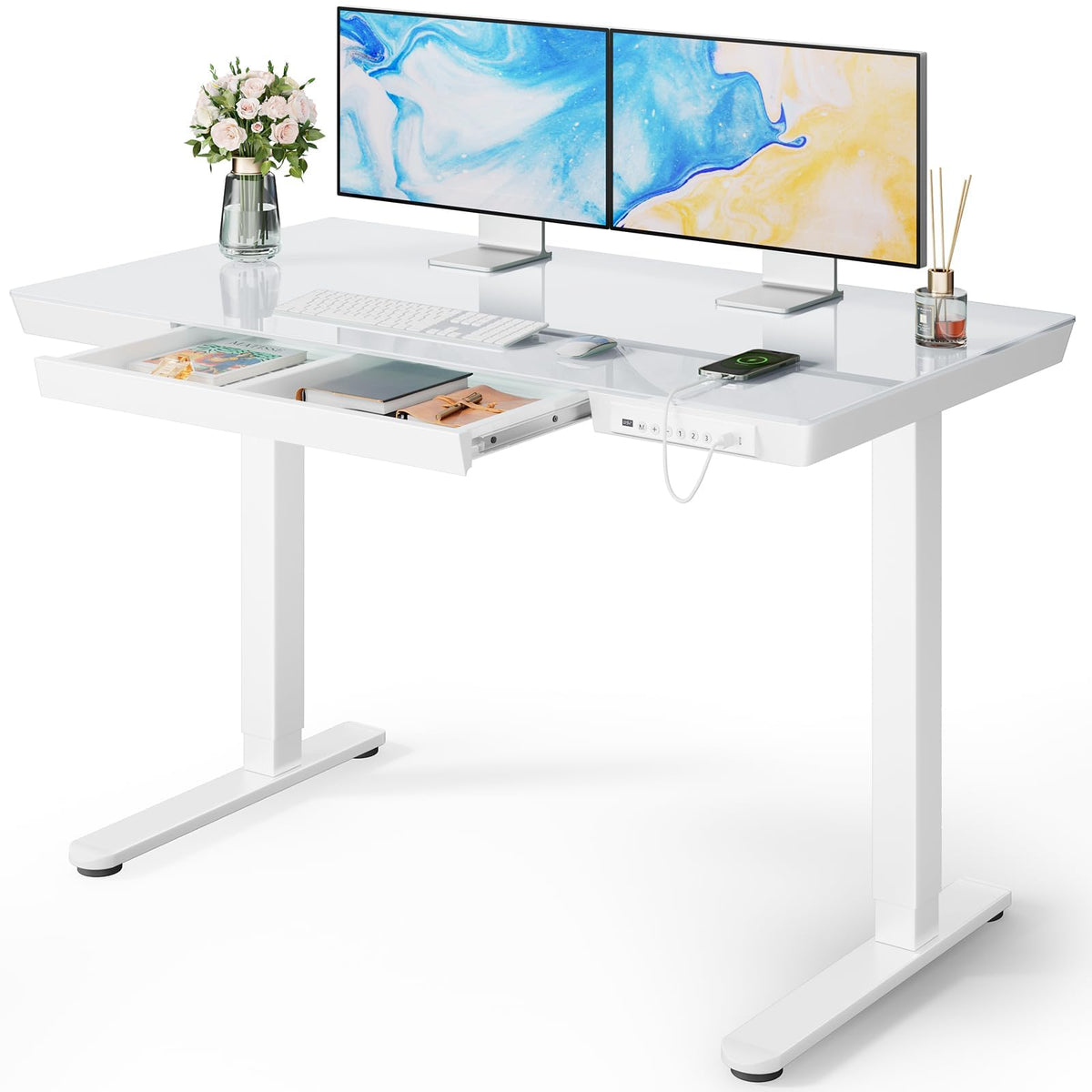 Marsail Glass Standing Desk with Drawer, 48x24 inch,Sit Stand Desk with One-Piece Tabletop & USB Charging Ports, Computer Table with Storage for Home & Office White