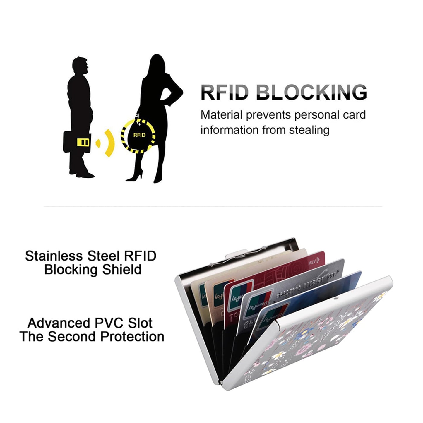 BONSYL® RFID Blocking Credit Card Holders, Slim Metal Credit Card Case Wallet with 6 Slots for Women or Men. (6 Card/Silver/Flower)