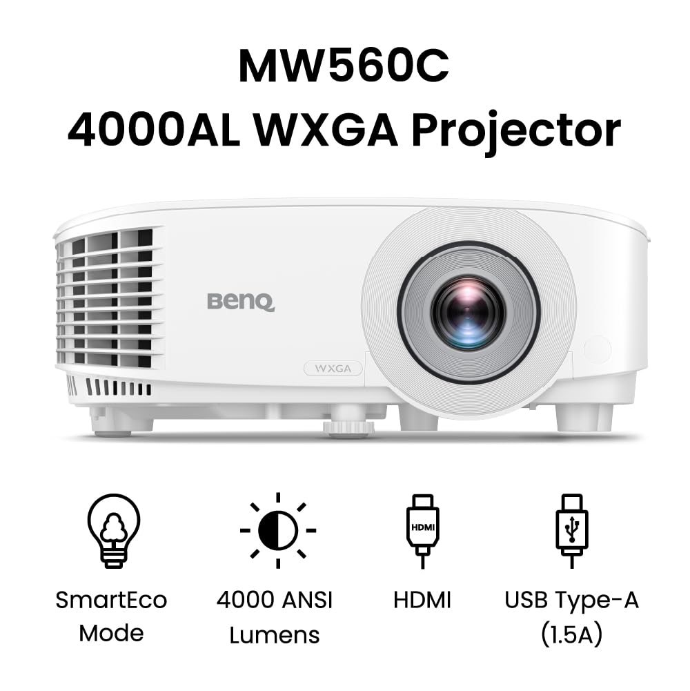BenQ WXGA Business Projector (MW560C) - DLP - 4,000 Lumens High Brightness - 20,000:1 High Contrast Ratio - HDMI, VGA - Auto Keystone Correction - Simple Setup - SmartEco Technology