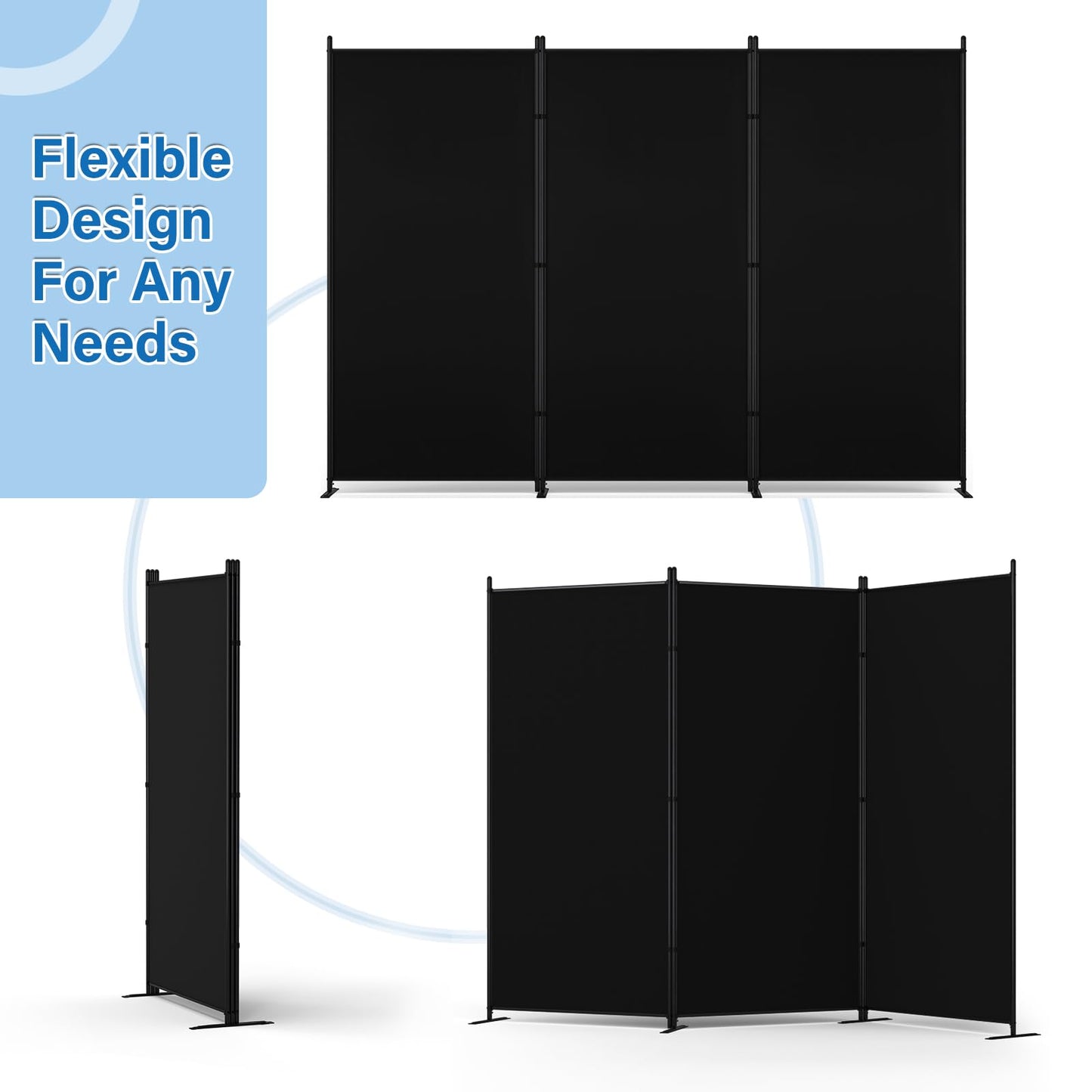 AKTOP Room Divider 3 Panel, Folding Fabric Wall Divider for Room Separation, Portable Room Partitions and Dividers 103"W x 70''H, Freestanding Privacy Screen for Office, Dorm, Studio, Classroom, Black