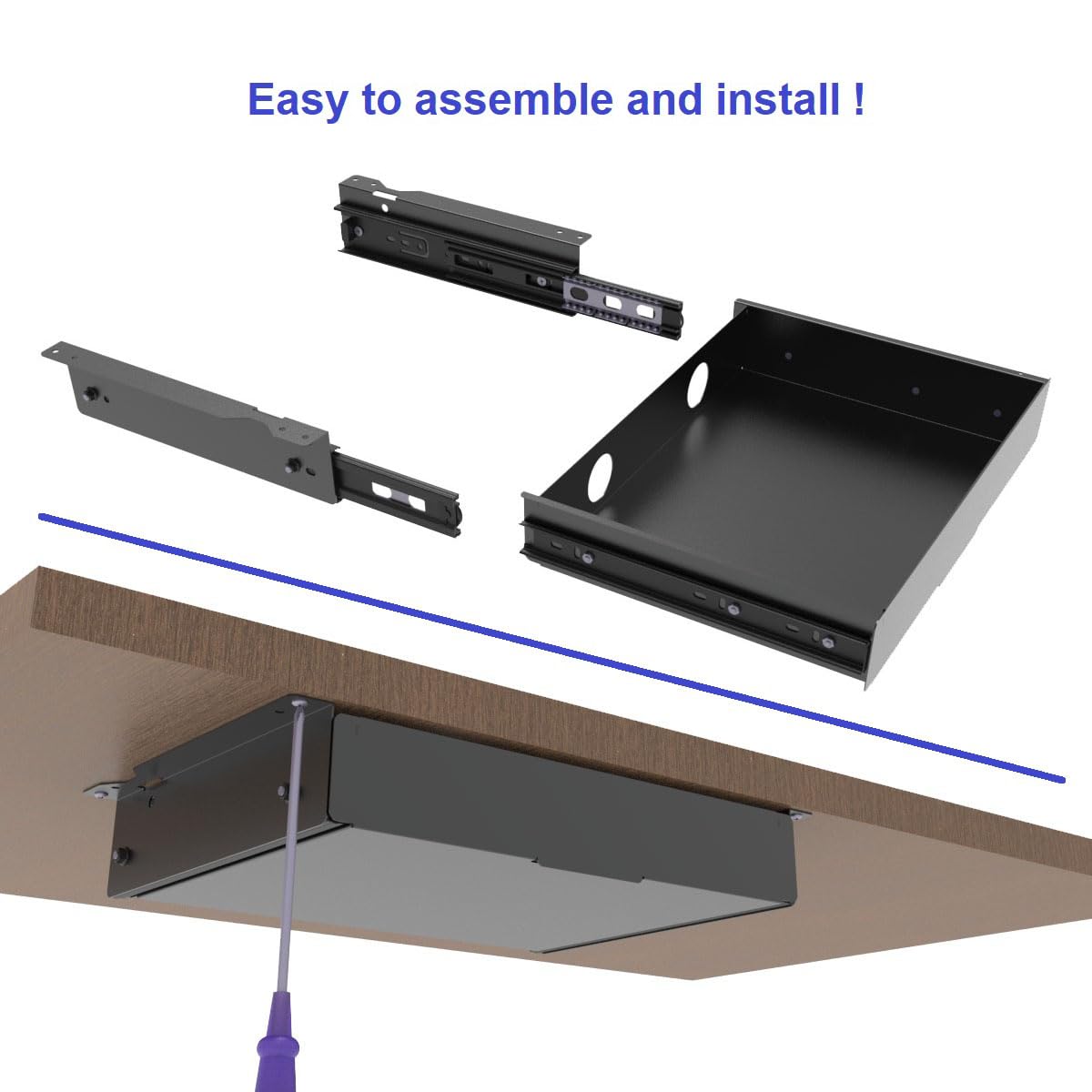 Mofangtech Under Desk Mounted Slide out Drawer, W 13.4" x D 9.3" Storage Organizer with Cable Management，Pull Out Add-On Storage for Office & Standing Desks with High Crossbar, Metal, Black (Medium)