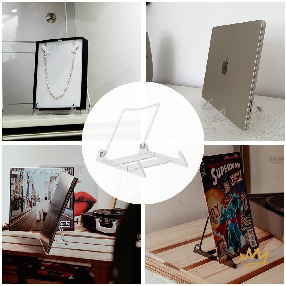 KINGDOM SOLUTIONS MADE IN USA 4-Pack Adjustable Acrylic Easels - Plate Stand - Sturdy Book Stand for Art, Pictures, Plates, Frames - Unique on the Market