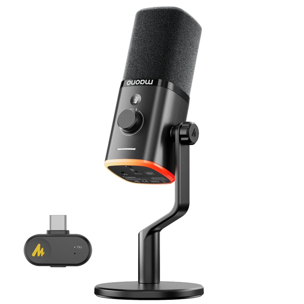 MAONO PD100W USB Wireless Microphone for PC, Gaming Streaming Dynamic Mic with One-Click Noise Reduction,Mute Button,Custom RGB, 3.5mm Headphone Jack, Desktop Podcasting Mic for Computer Phone, Black
