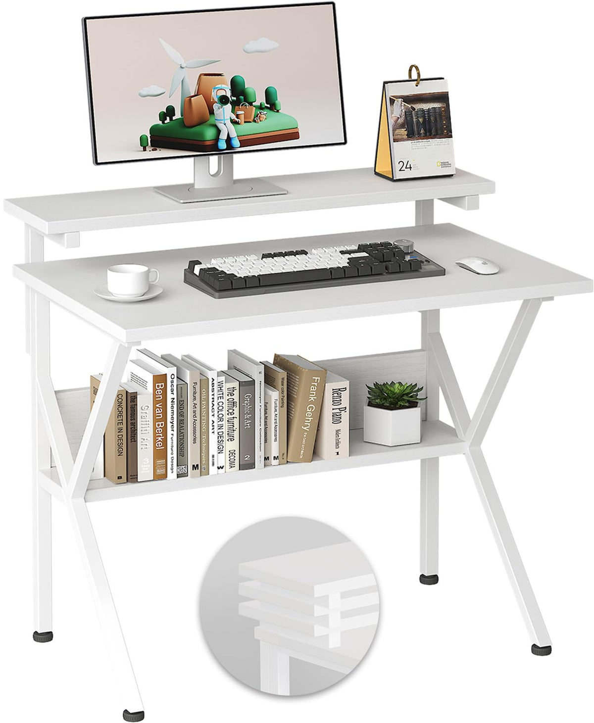 COTUBLR Small Desk, 27.5 Inch Small Computer Desk for Small Spaces, Computer Desk with Adjustable Monitor Stand, Compact Desk with Storage, Tiny Desk Study Desk for Bedroom Home Office, White