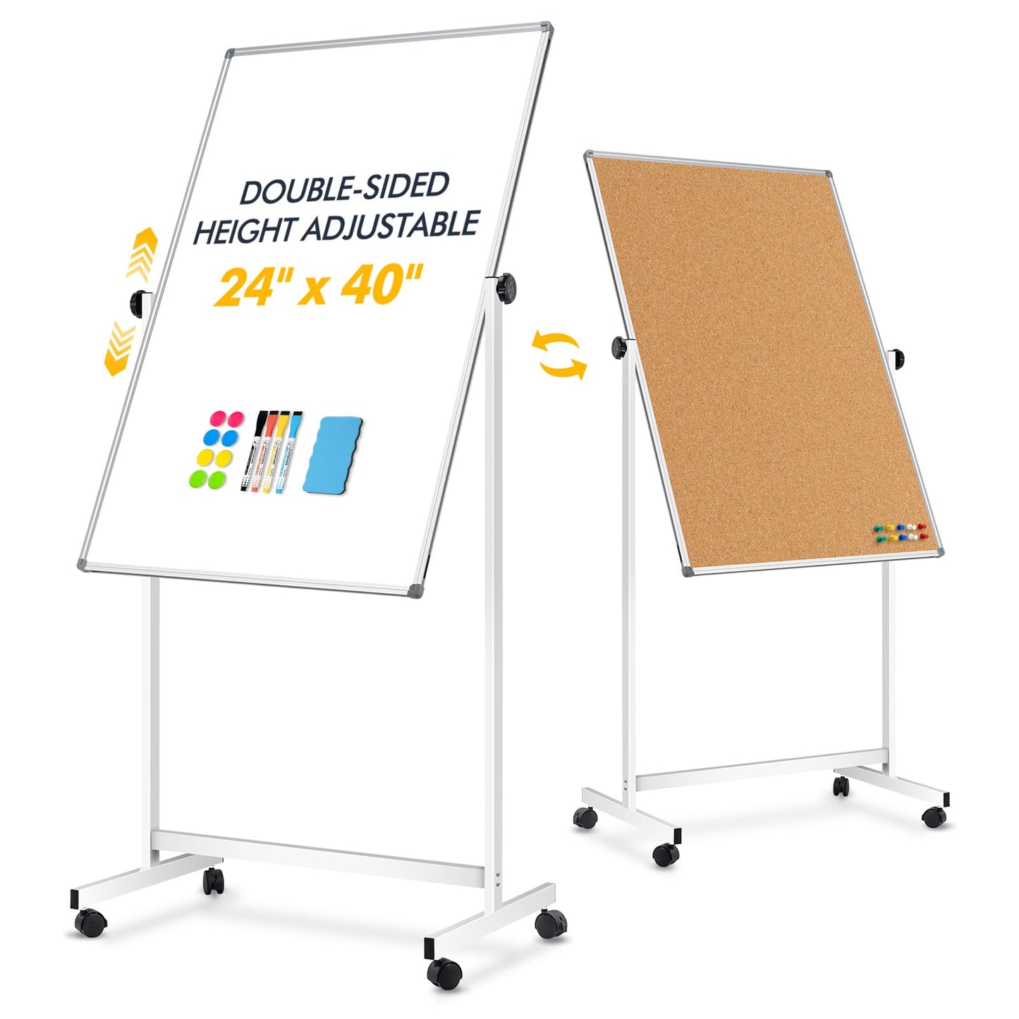 Rolling Whiteboard Corkboard Combo with Stand 24"x40", Double-Sided Mobile Dry Erase Bulletin Board on Wheels, Reversible Height Adjustable Standing Board for Home & Office