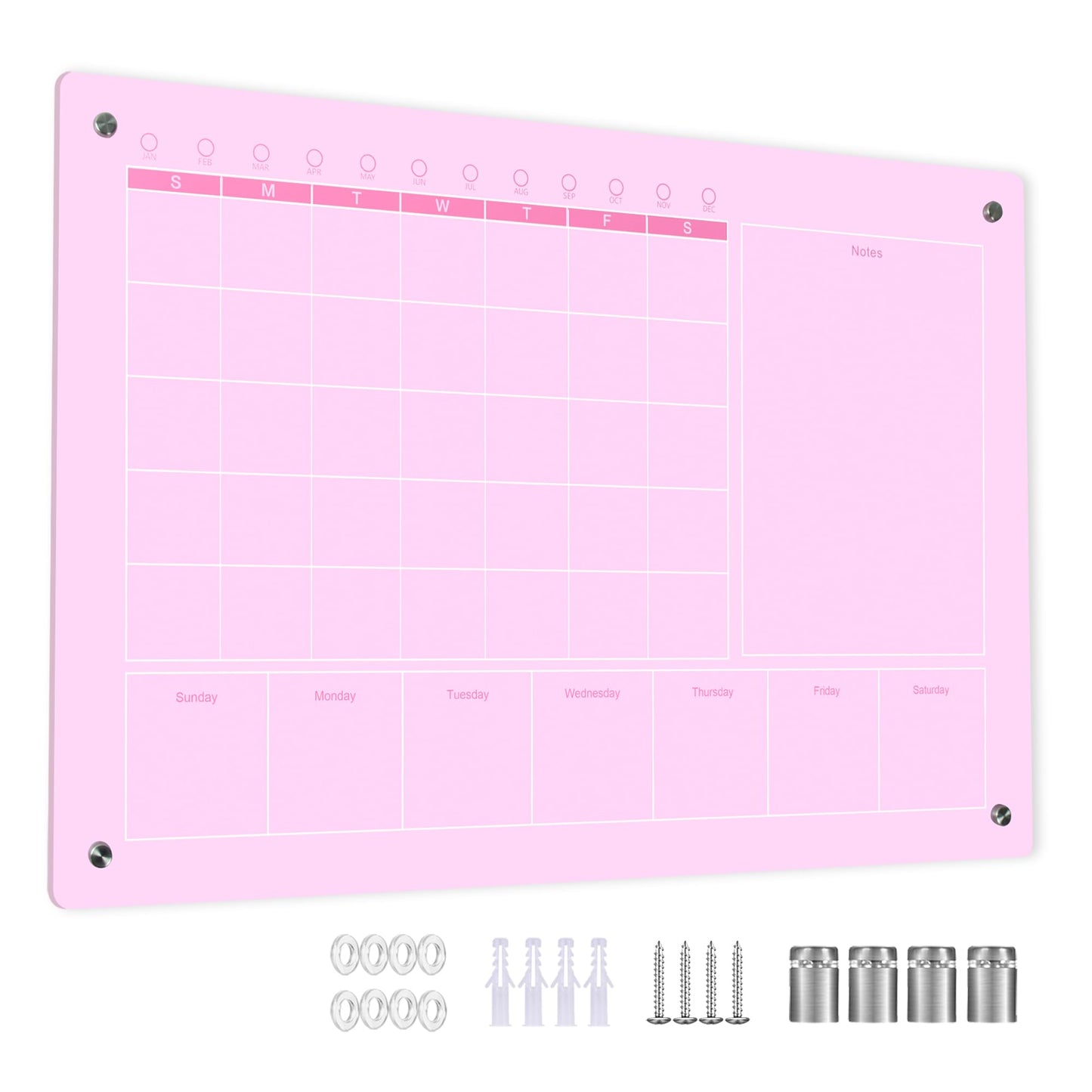 Marribol Large Acrylic Calendar for Wall,24"X16",Acrylic Dry Erase Calendar for Wall,Pink Dry Erase Board for Home/Office
