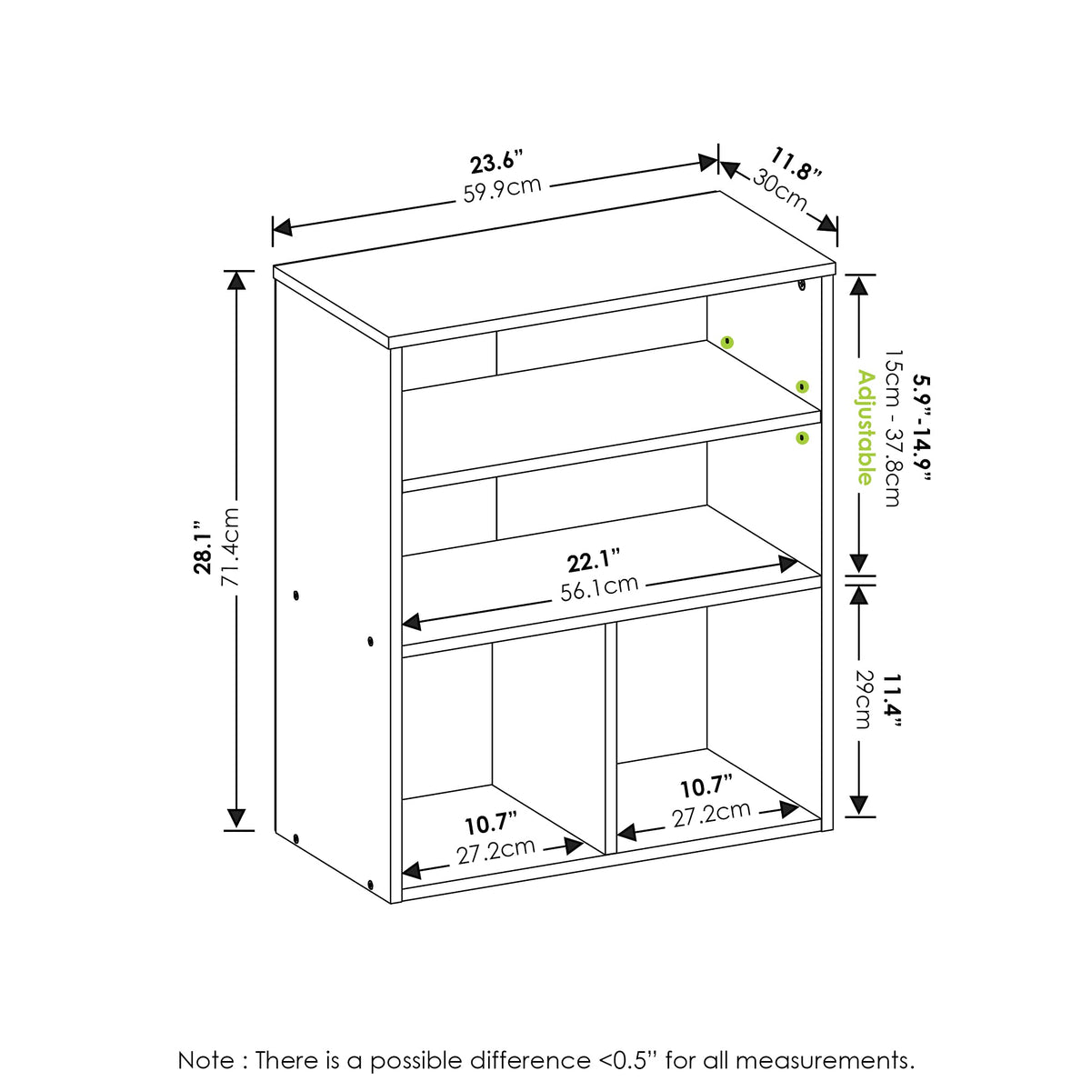 Furinno PASIR Book Shelf, 3-Tier Display Bookshelf with Adjustable Shelf, Cube Storage Bookcase, 11.8 x 23.6 x 28.2, for Living Room, Bedroom, Home Office, Black Oak