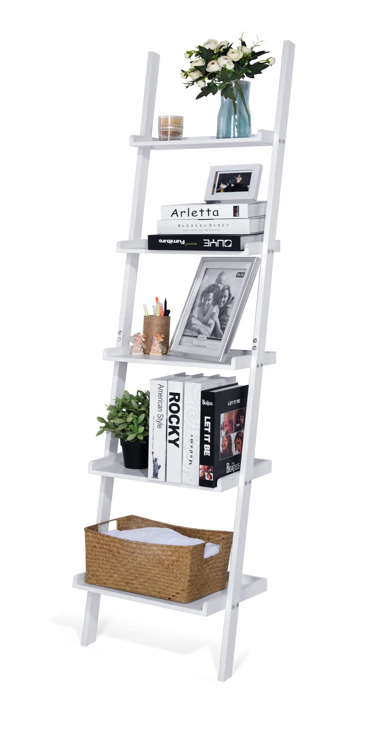 HYNAWIN Ladder Shelf 5-Tier Bookshelf – Storage Rack Shelves Wall Leaning Shelf,White Freestanding Plant Flower Stand, Corner Display Bookcase