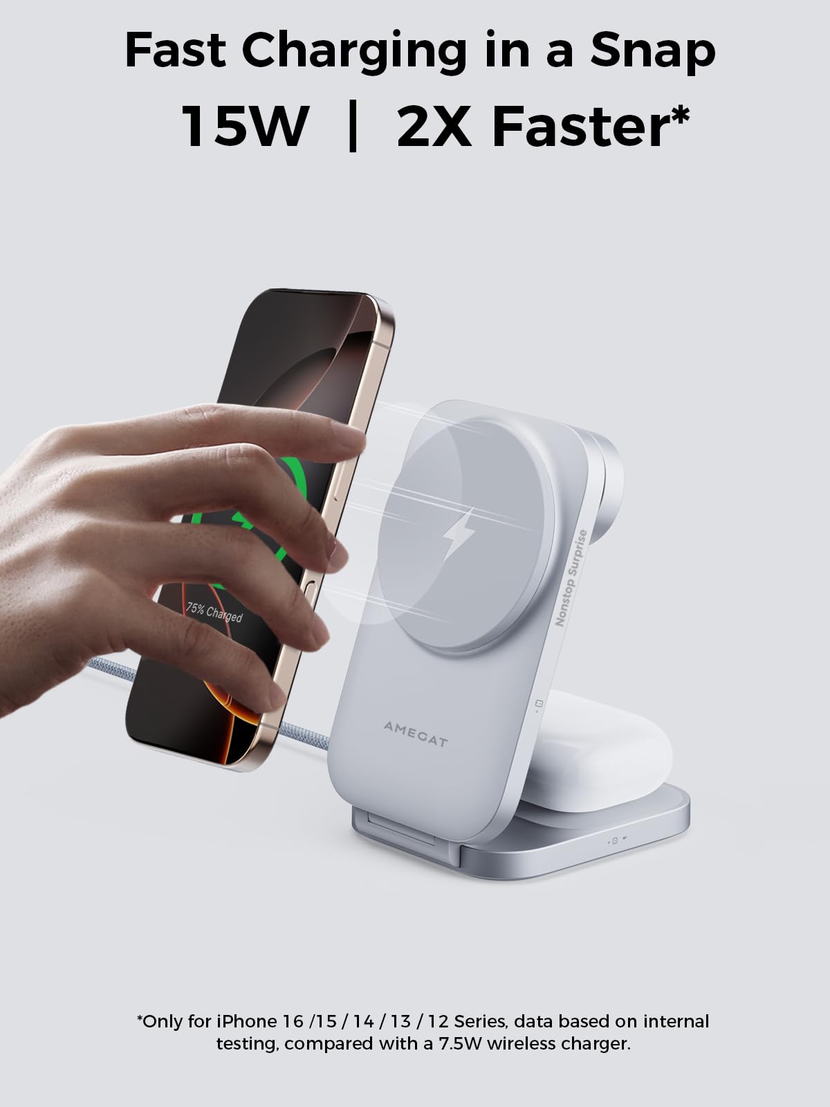 AMEGAT MagFusion Z 3-in-1 Charging Station Compatible with MagSafe, 15W Wireless Charger Foldable Qi2 Certified, Magnetic Charger for iPhone 17/16/15/14/13/12, AirPods 4/3/2/Pro, Apple Watch, Silver