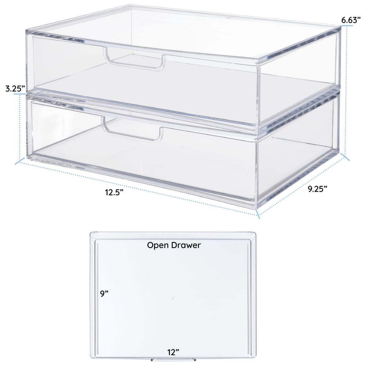 STORi STAX Plastic Stackable Organizer Drawers (Set of 2) Clear | 12.5" Wide | Set Includes Two Open Drawer | Organize Office Desk Accessories & Sort Paper | Made in USA