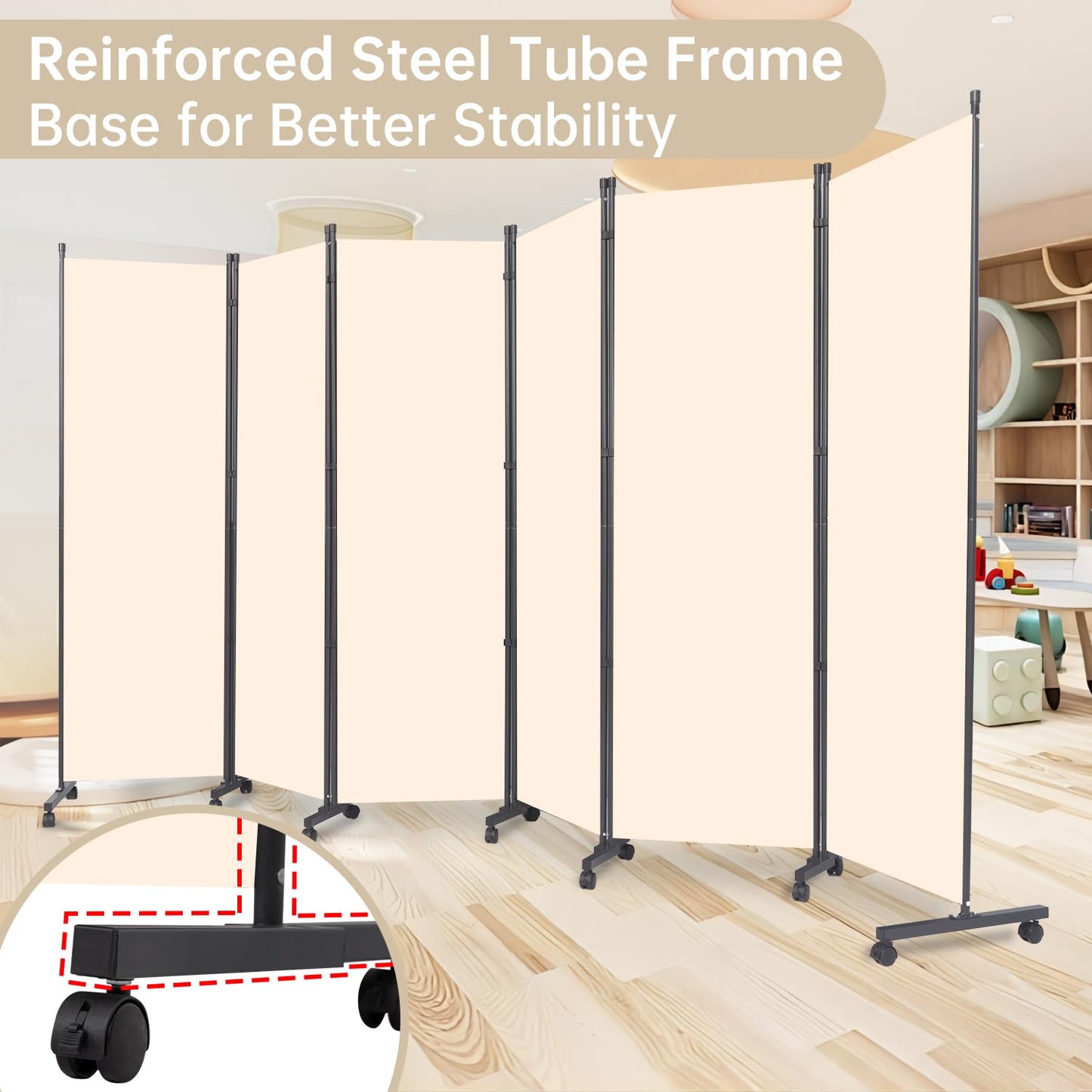 Room Divider 6 Panel Room Dividers/Wheels, Fabric Room Divider Panel for Office Room Partitions and Dividers, Portable Partition Wall Divider for Room Separation, Freestanding Privacy Screen Indoor