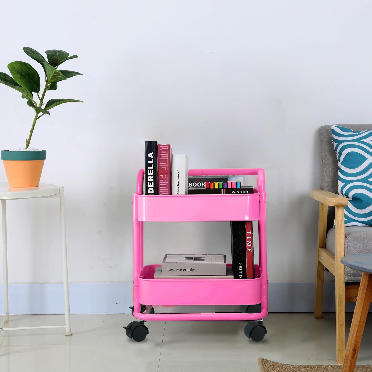 Melody House 2-Tier Metal Mesh Rolling Cart Storage Organizer with Utility Handle and Wheels, Multi-Functional Storage Trolley for Office Living Room Kitchen, Pink