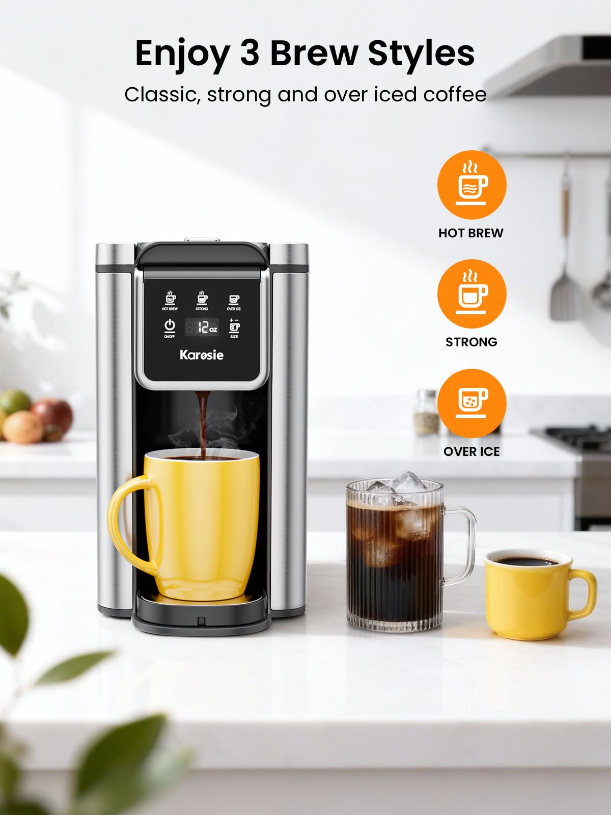 Karosie K Cup Coffee Maker, Hot & Iced Coffee Maker for K Cup and Grounds, 6-14 Oz Brew Sizes, 50oz Removable Tank, Single Cup Coffee Maker with Descaling Reminder, Stainless Steel, Black