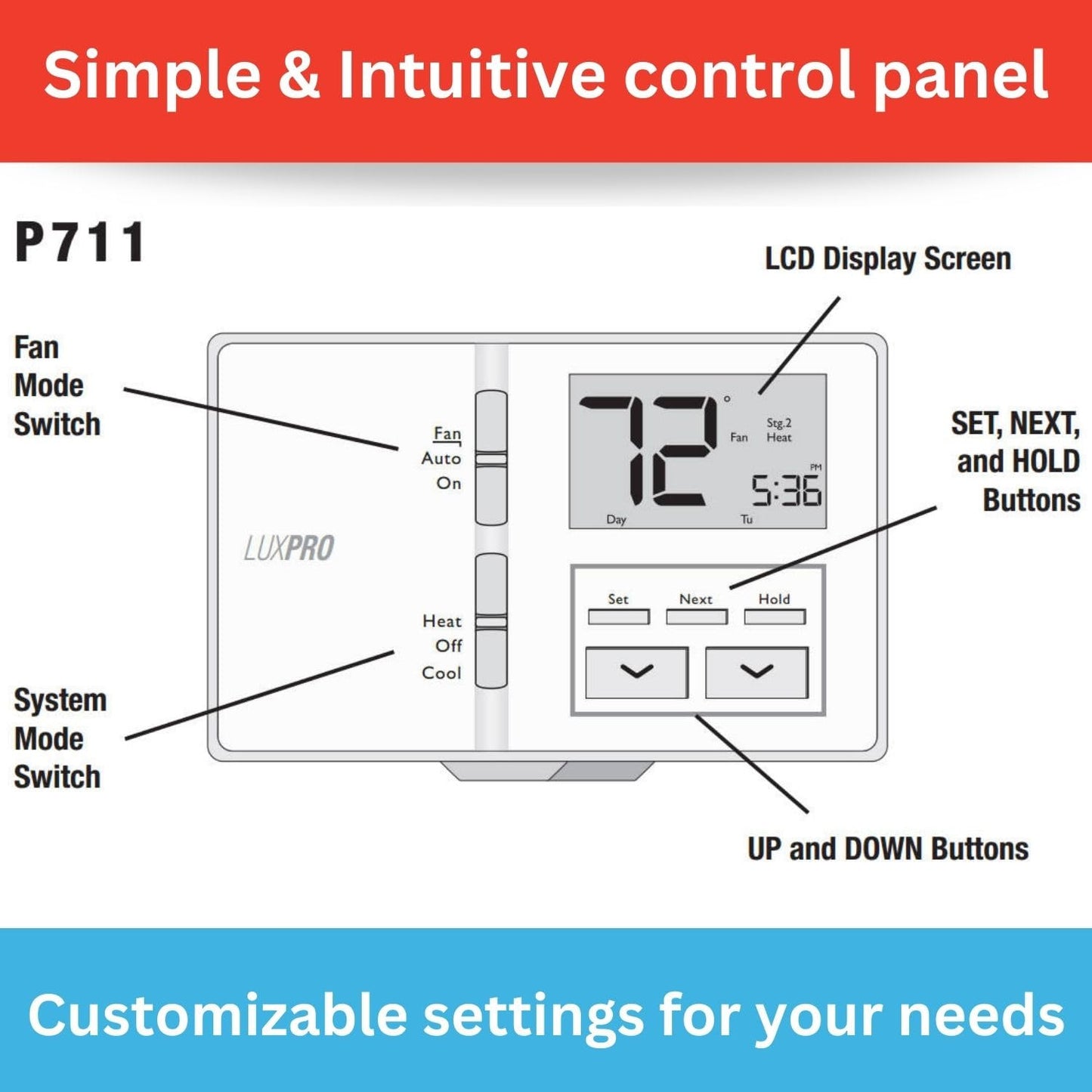 Lux Pro All in One Non Programmable/Programmable Thermostat; 7 and 5/2 Day Settings for Digital Energy Saving; Multi Stage Heating, AC Systems; Easy DIY, P711-Horizontal, 1 Unit, Batteries Included