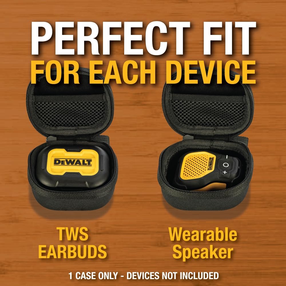 DEWALT Heavy Duty Protective Headphone Case for TWS Earbuds & Wearable Speaker, Compact Lightweight w/EVA Headphone Case Hard Shell, Shockproof, Water-Resistant, Soft Interior & Accessory Mesh Pocket