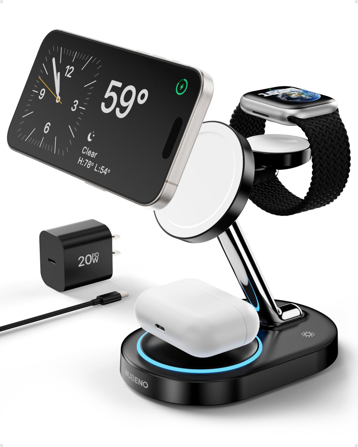 Nubeno Fast Charging Station for Magsafe Apple Devices, Wireless Charger Station for MagSafe iPhones, 3 in 1 Magnetic Charger Stand for iPhone 17/16/15/14/13/12, Apple Watch & AirPods(Blk)