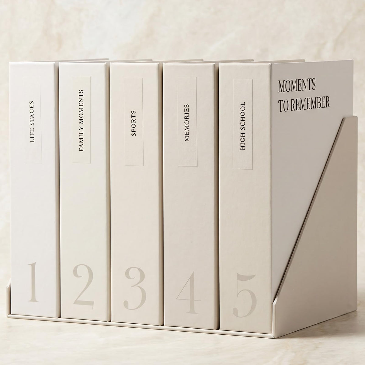 ZICOTO Decorative Photo Storage Box Set of 5 - Sturdy Photo Organizer Boxes with Dividers and Pre-Printed Labels to Keep Your Precious 4x6 Pictures Beautifully Organized on Your Shelf