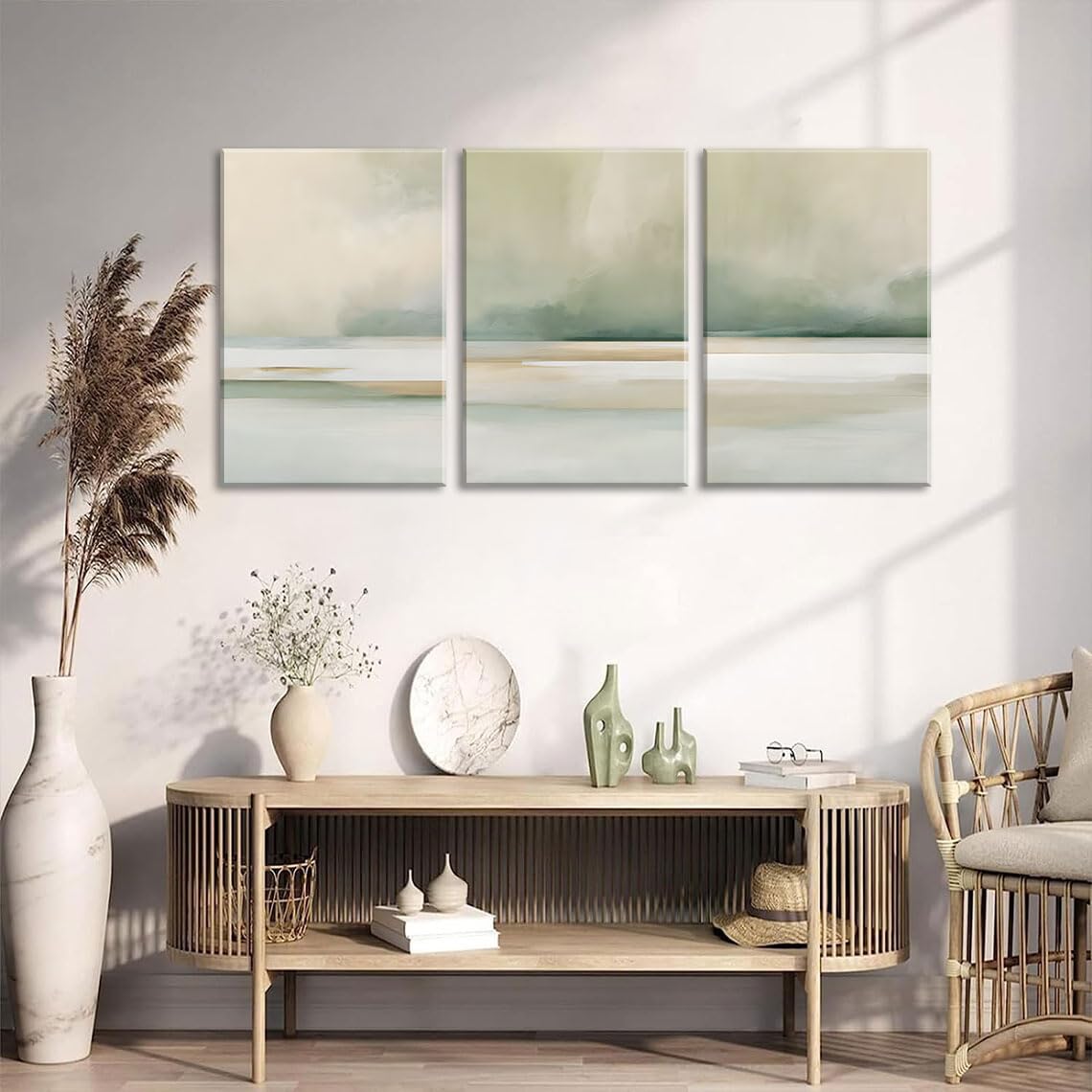 3Pcs Sage Green Canvas Wall Art Modern Neutral Abstract Wall Decor Pictures Minimalist Green Tan Posters Prints for Living Room Bedroom Home Decoration, 12x16in