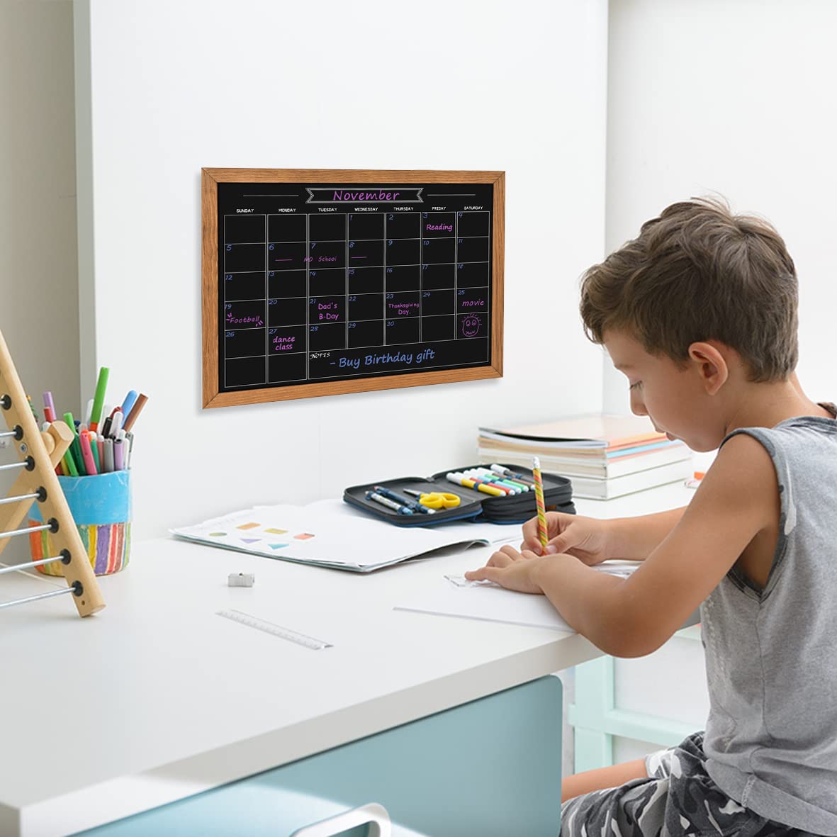 Umtiti Calendar Chalkboard, 10.6" * 14.6", Magnetic Surface Rustic Brown Solid Pine Wood Frame Chalk Board for Planning/School Timetable/Memo, Hanging Board for Office, School and Home(YLHB-QZ-2737)