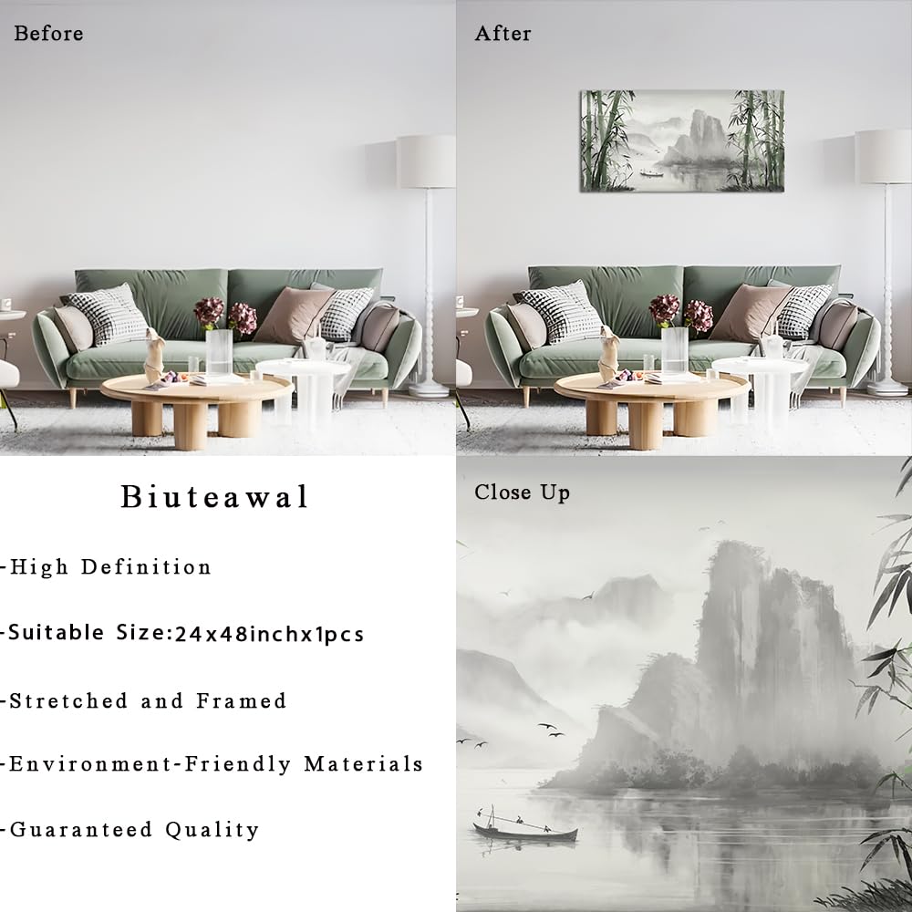 Biuteawal Black and White Nature Landscape Wall Art Green Bamboo Picture Canvas Artwork Chinese Style Shanshui Painting Home Office Decor Framed