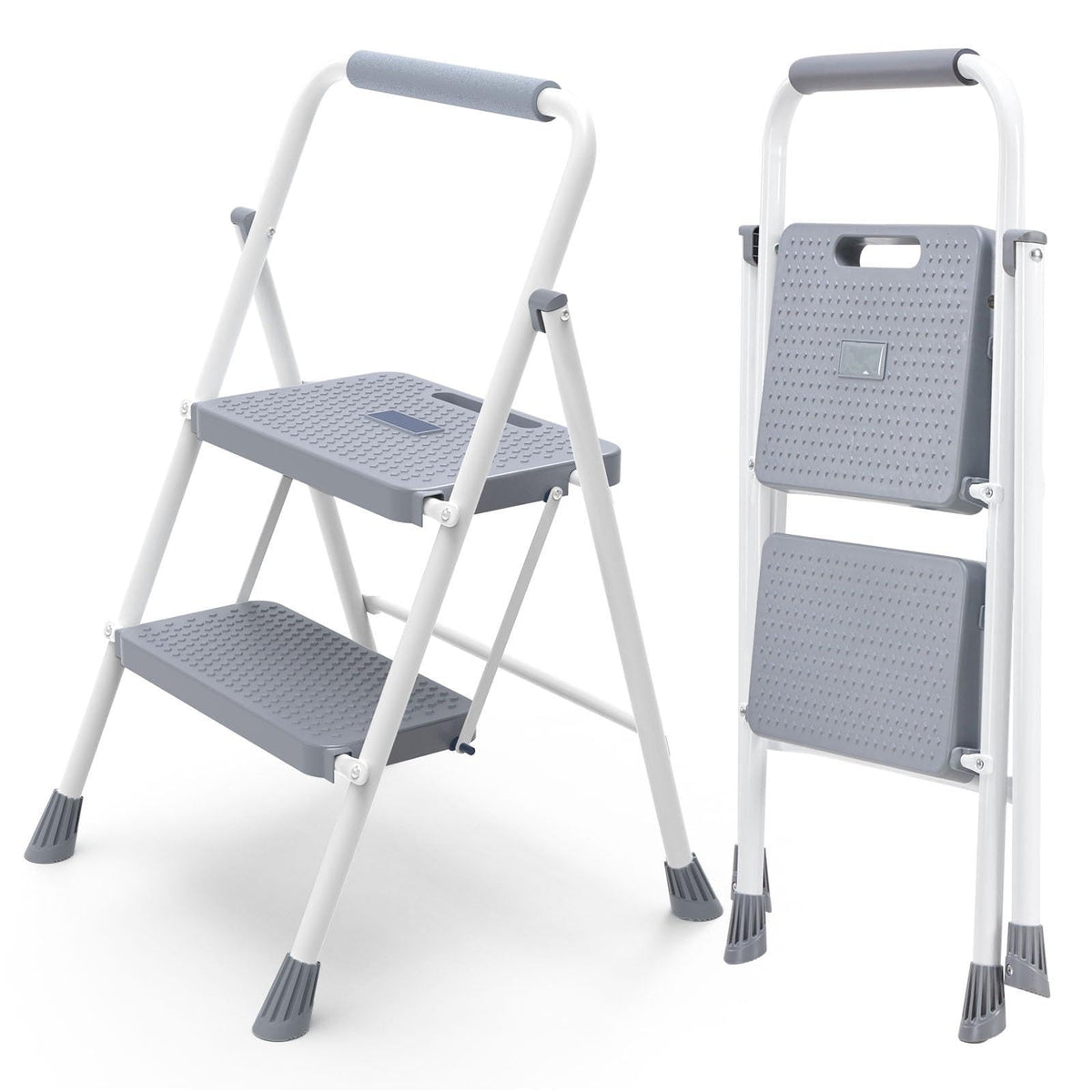 DUMOS Step Ladder, 2 Sturdy Step Stool with Anti-Slip Pedal & Comfortable Handrail, Portable Heavy Duty Step Stool for Kitchen, Garage & Outdoor Use, 800lbs, Grey
