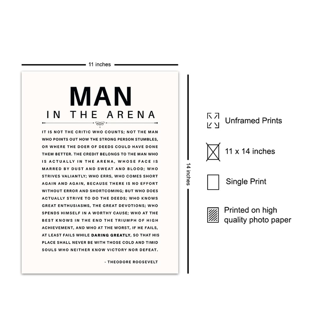 LARGE 11X14 - Man in the Arena - Inspirational Quotes - Teddy Roosevelt Poster - Motivational Gifts for Men, Boys, Teens, Entrepreneur - Office, Living Room, Bedroom Wall Art Decor - Daring Greatly