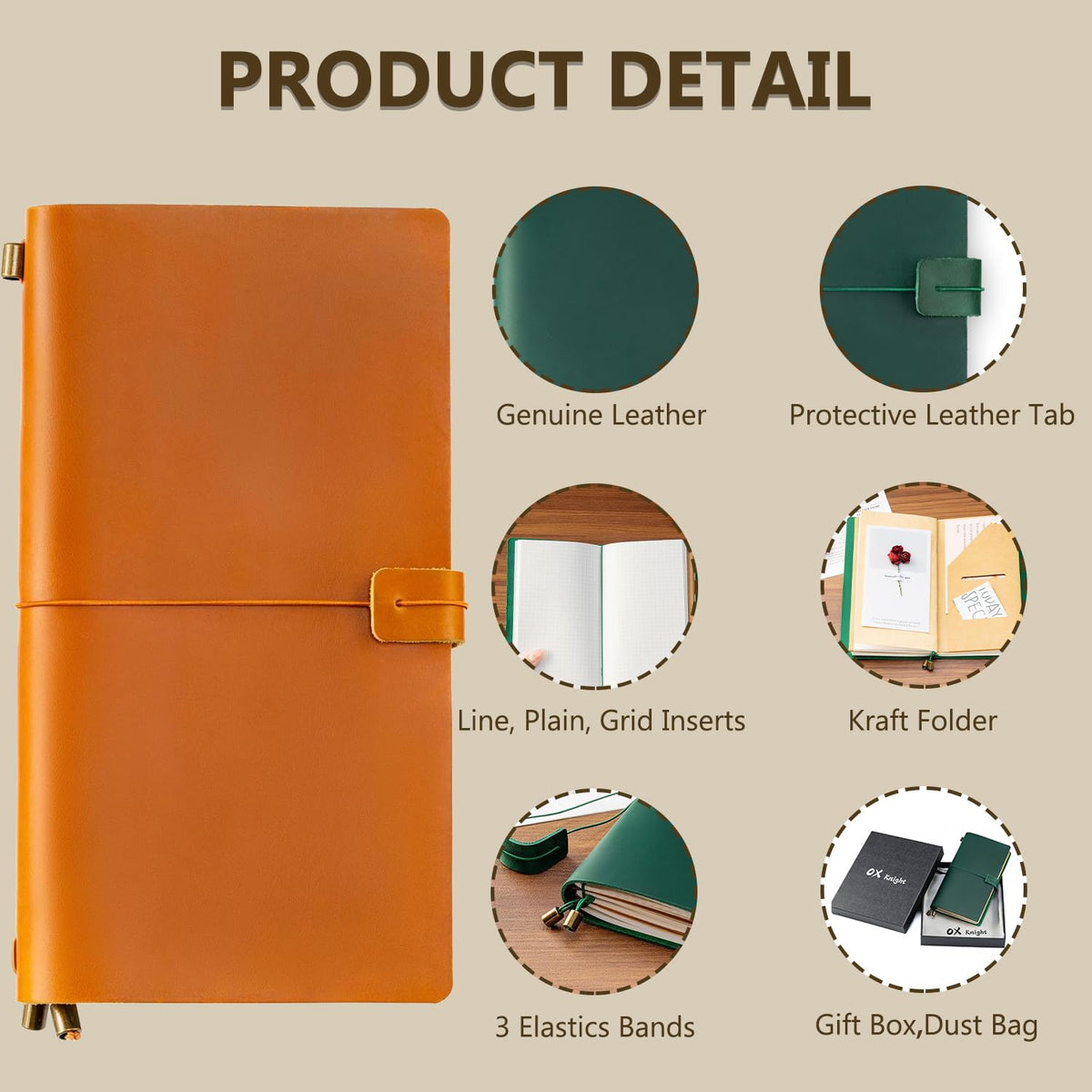 Ox Knight Refillable Leather Travelers Notebook, 8.6 x 4.9 Standard Size Travel Diary for Men and Women, Genuine Leather Travel Journal with 3 Notebook Inserts for Writing, Sketching & Planning, Light Brown