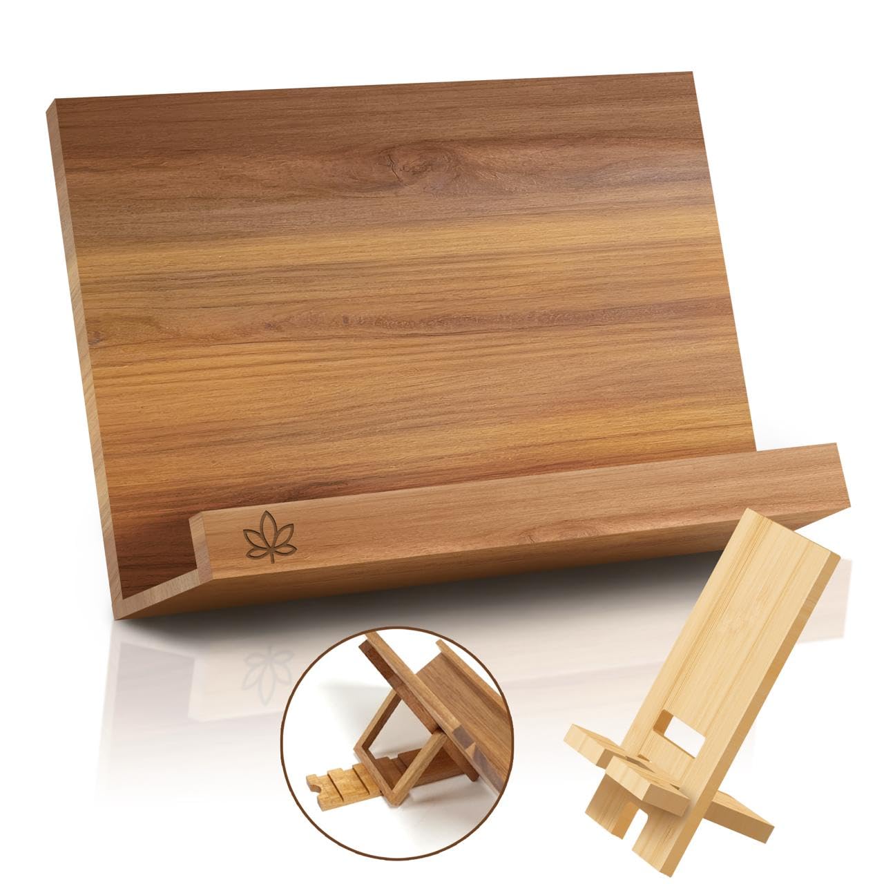 Wooden Cookbook Stand – Solid Acacia Recipe Book Holder for Kitchen Counter | Bamboo Phone Holder Included | 4 Ergonomic Angles | Foldable iPad & Tablet Stand | Gift-Ready Set with Box