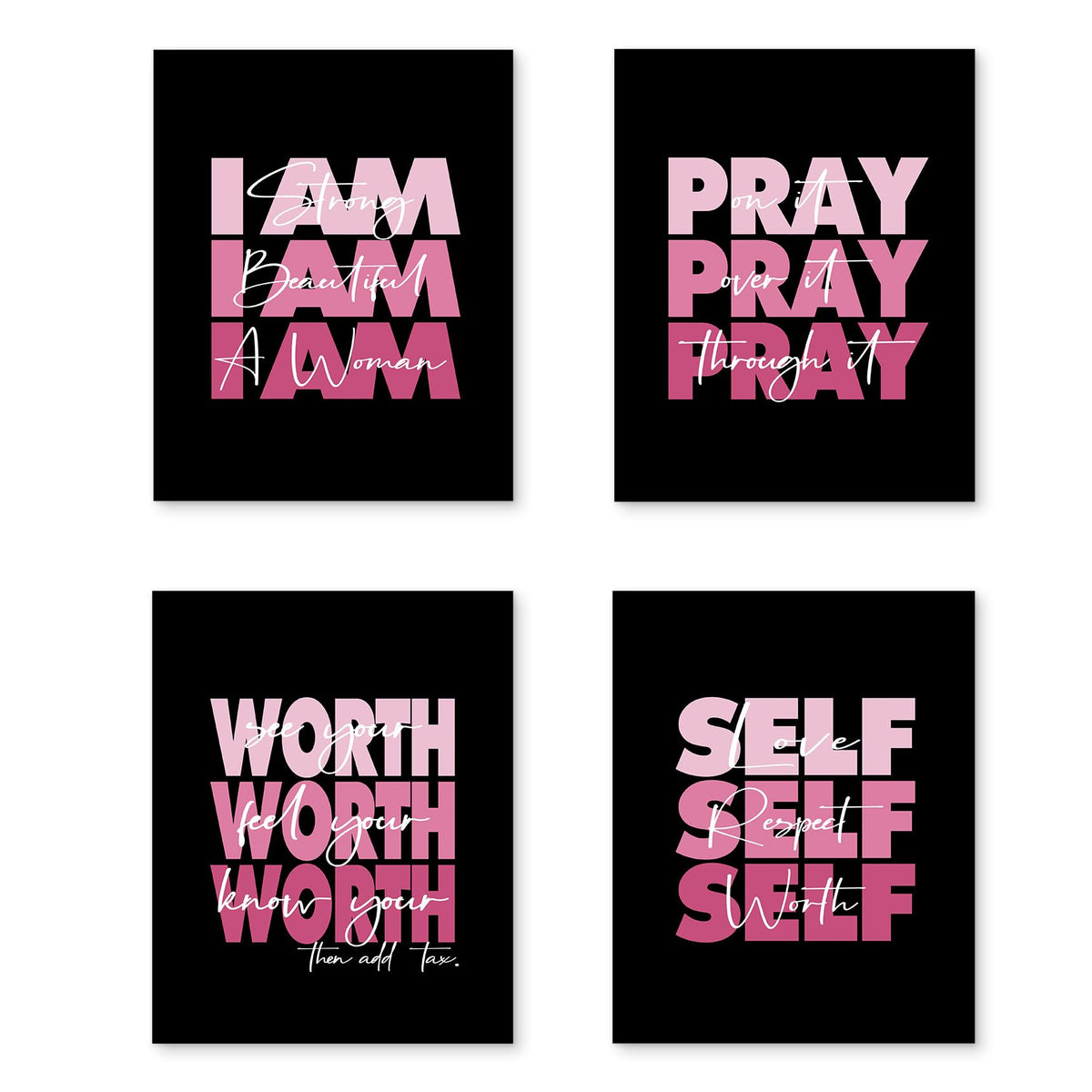 HUYAW Pink Woman Girl Inspirational Quotes Pray Worth Wall Art Prints Set of 4, Motivational Posters Gifts for Women Teen Girls Room Home Bedroom Office College Dorm Decor (Unframed), 8 x 10 In