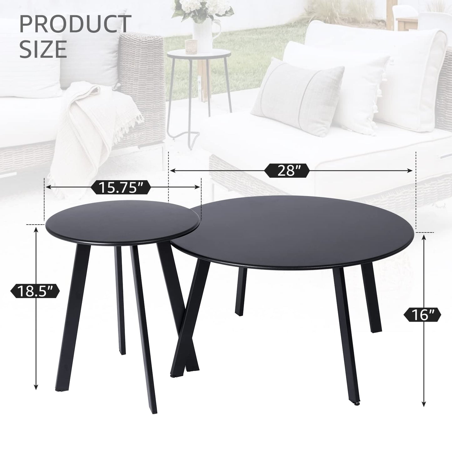 Patio Outdoor Coffee Table Set of 2 - Weather Resistant Outdoor Round End Table Modern Coffee Tables for Living Room Balcony Home Office (Black)