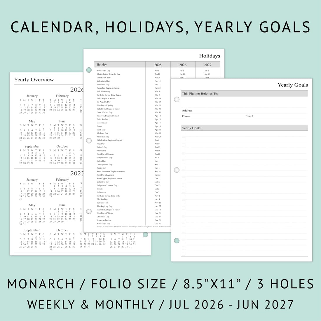 newestor 2026-2027 Weekly Planner Refills for 3-Ring Binder with Monthly Tabs, Jul 2026 - Jun 2027, 8-1/2" x 11", Folio Size 5 / Monarch