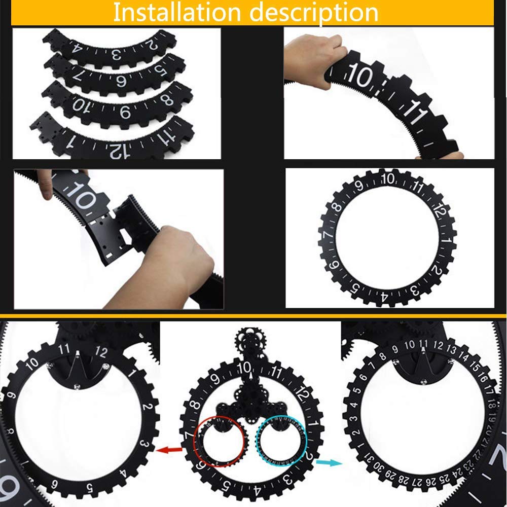 SHISEDECO Hour and Days Display Design Premium Plastic 3D Moving Large Gear Wheel Wall Clock, Perfect for Living Room, Reading-Room, Restaurant, Office Decor (B-Black)