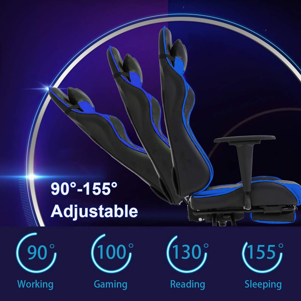BestOffice | Ergonomic Gaming Chair | Blue | Reclining Computer Chair with Lumbar Support, Headrest Pillow, Adjustable Footrests | 360 Swivel with Heavy Duty Wheels | for Home & Office