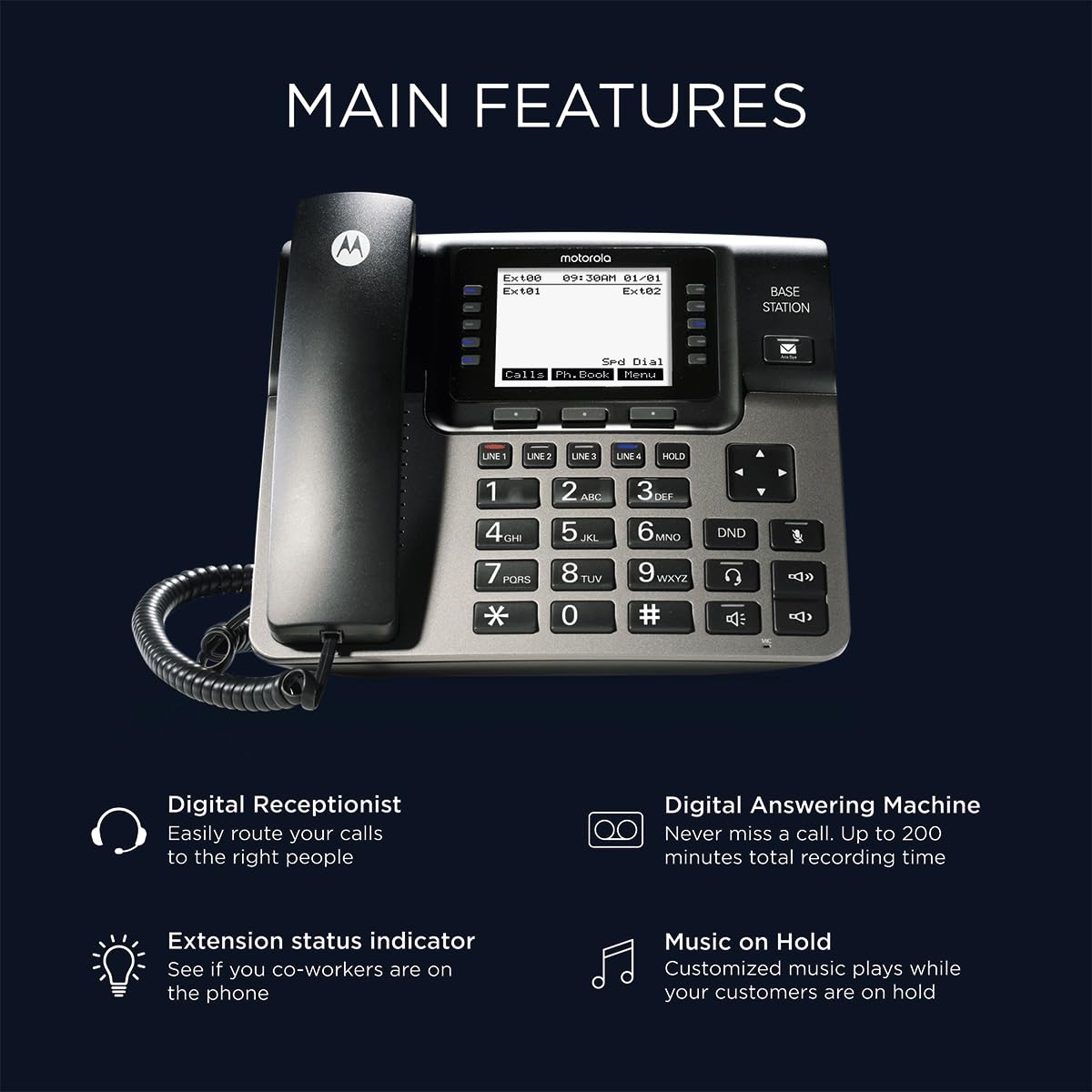 Motorola ML1000 4-Line Corded Base Station | Expandable Small Business Phone System | Supports up to 10 Wireless Extensions (ML1100/ML1200) | Digital Receptionist & 200-Minute Answering System