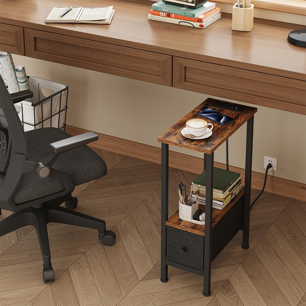 VIMBER Narrow Side Table for Small Spaces, Skinny End Table with Charging Station, Sofa Beside Table with 1 Drawer 1 Open Compartment, Slim Nightstand with USB Ports Outlet, Rustic and Brown