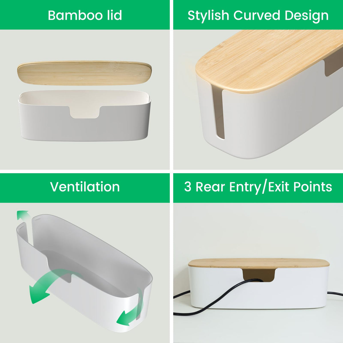 Large Cable Management Box - Cord Organize Box with Bamboo lid for Safe Home & Office, Cord Hider for Power Strip Under Desk, Cover TV Wires, Child & Pet Proof Cord Box, White