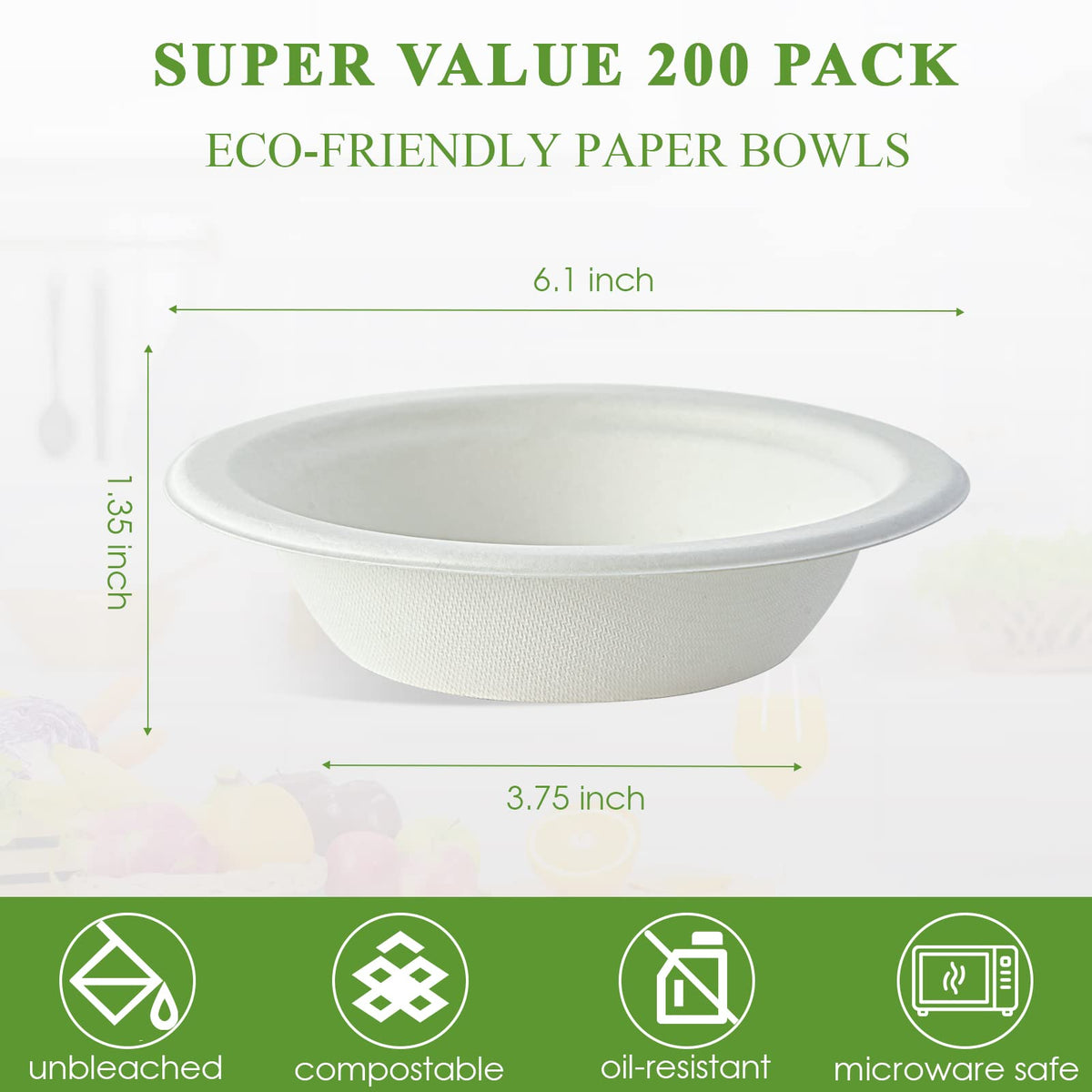 Vplus 200 Pack 12 OZ Paper Bowls, Disposable Compostable Bulk, Eco-friendly Bagasse, Heavy-duty Bowls Perfect for Milk Cereals, Snacks, Salads