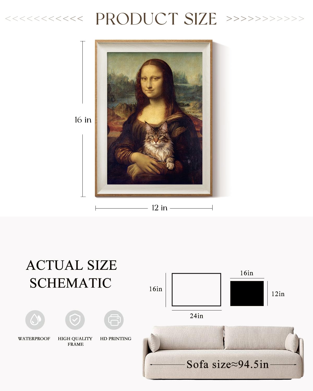 ARPEOTCY Framed Canvas Wall Art, 12x16 Mona Lisa-Inspired Portrait with Cat, Humorous Classical Style Wall Decor for Office Living Room Bathroom