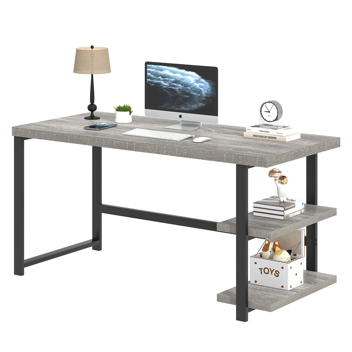 FOLUBAN 47 Inch Home Office Desk, Modern Computer Desk with Storage Shelves, Small Study Writing Gaming Table Workstation for Living Room Bedroom, Industrial Light Grey