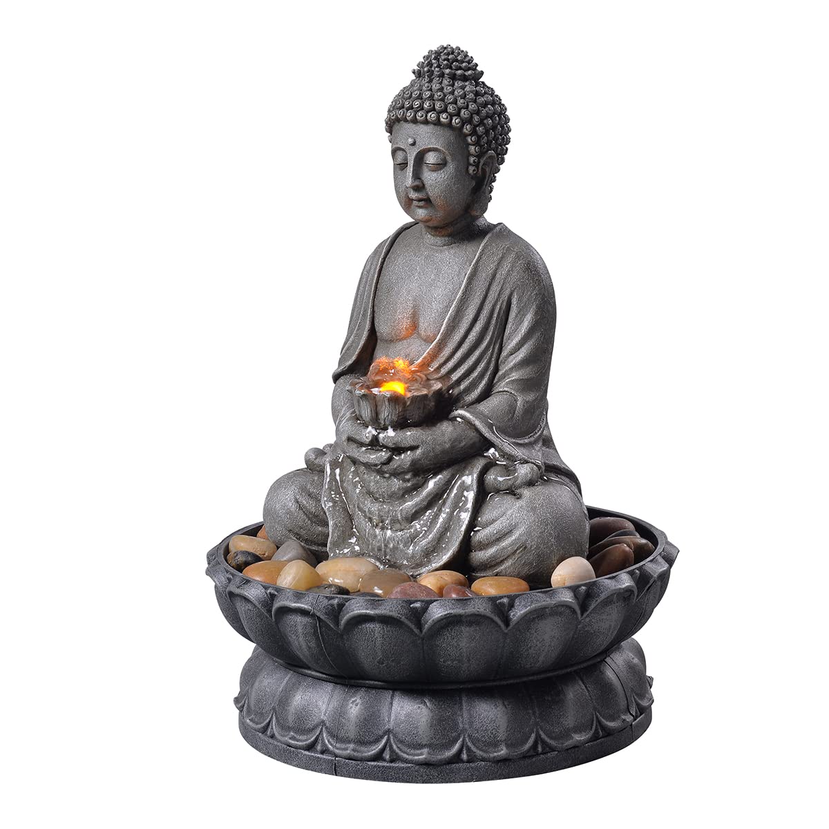 GOSSI 11.2 Inch Tall Indoor Tabletop Buddha Fountain with Reflective Lighting and Cobblestone Base, Zen Desk Water Fountain for Office and Home Decor