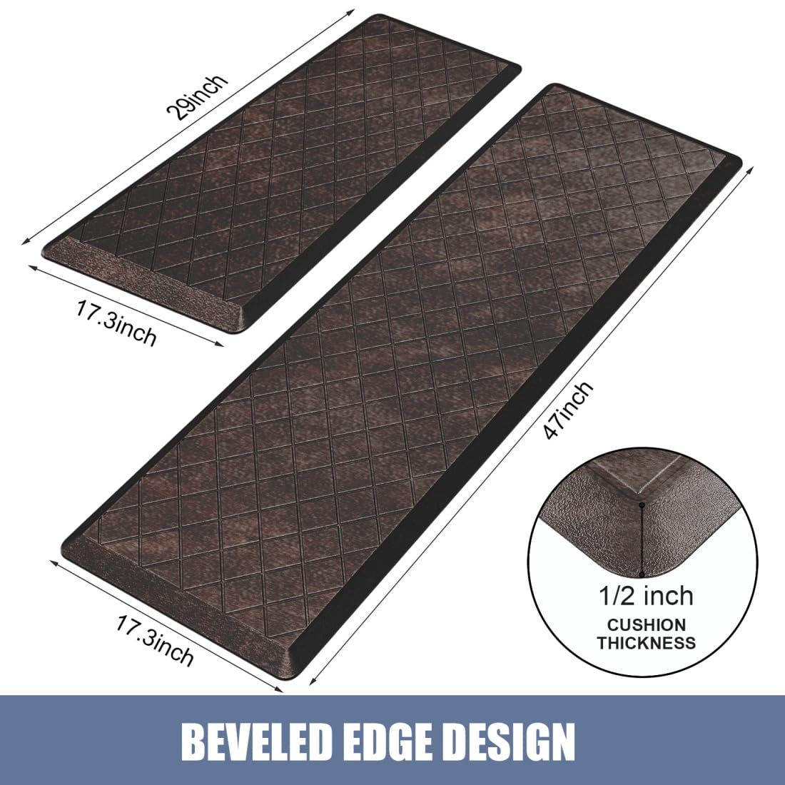 WEZVIX Cushioned Anti Fatigue Mats, Heavy Duty Non-Skid Floor Mats - 1/2 Inch Thick Ergonomic Comfort Foam, Brown